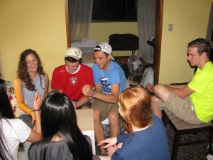 Having fun playing a card game