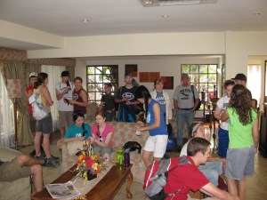 Awaiting the bus in the lobby tohead out to work