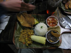 Typical dinner: Rice with some kind of beans, salsa with bread, plantana, greens, a meat....Casado con pescado (usually pollo)